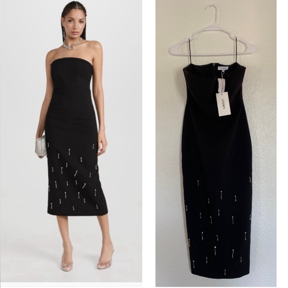 Likely Black Strapless Midi Dress with Silver Embellishments